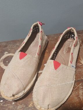 TOMS Natural Canvas Slip-On Shoes with Coral Accents